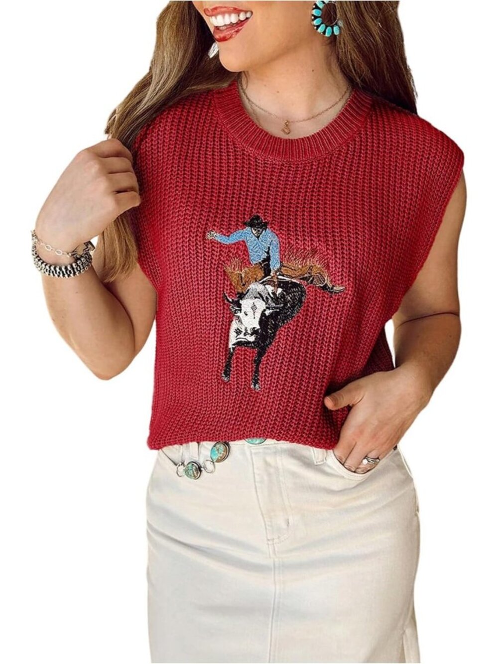 Women's Red Ribbed Knit Cap Sleeve Western Cowboy Embroidered Sweater Tank Top